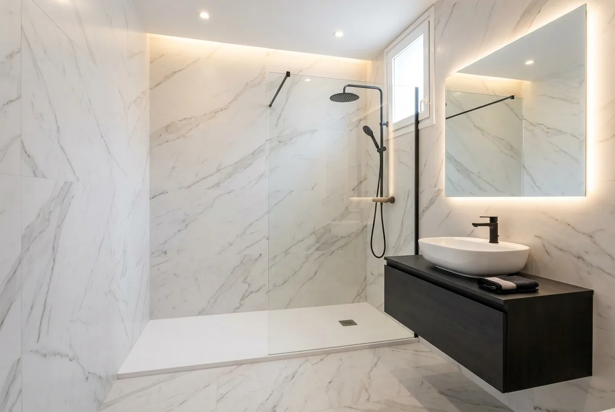 Reforma integral de baño estilo mármol en Centro de Zaragoza